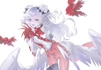 1girl arcaea bird bodysuit chain commentary feathered_wings fingernails flower hair_flower hair_ornament hair_over_one_eye highres jacket leotard long_hair multiple_girls noranheart purple_eyes red_bodysuit red_jacket rose simple_background solo tail thigh_strap upper_body viim_(arcaea) watermark white_background white_flower white_hair white_rose white_wings wings