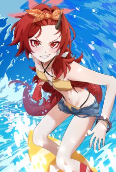 1girl absurdres bikini bikini_bottom_under_shorts bikini_under_clothes blue_archive brown_bikini denim denim_shorts dragon_girl dragon_horn dragon_tail eyeshadow hairband halo highres horns long_hair makeup murloc_(user_wxxf2533) o-ring o-ring_bikini o-ring_top official_alternate_costume orange_hairband red_eyes red_eyeshadow red_feet red_hair red_halo red_tail renge_(blue_archive) renge_(swimsuit)_(blue_archive) shorts single_horn smile solo surfboard surfing swimsuit tail waves yellow_bikini