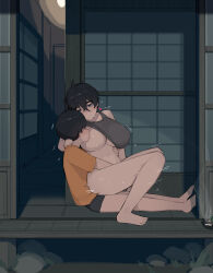 1boy 1girl age_difference akiyama_yuto_(pepper0) aunt_and_nephew barefoot black_hair blue_eyes bottomless breast_sucking breasts clothed_sex highres incest large_breasts miyamoto_chihiro_(pepper0) motion_lines onee-shota orange_shirt original penis pepper0 sex sex_from_behind shirt short_hair shota t-shirt