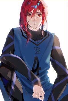 Rule 34 | 1boy, arm on knee, blue lock, blue lock bodysuit, blue shorts, chigiri hyoma, commentary request, hair between eyes, highres, long hair, looking at viewer, male focus, parted lips, red eyes, red hair, shorts, simple background, sitting, solo, sportswear, teeth, white background, xe5m38