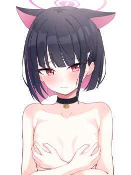 1girl animal_ears black_choker black_hair blue_archive blush breasts cat_choker cat_ears choker closed_mouth collarbone colored_inner_hair commentary completely_nude covering_breasts covering_privates extra_ears fingernails hair_behind_ear hair_ornament hairclip halo highres kazusa_(blue_archive) looking_at_viewer medium_hair minamino_3730 multicolored_hair nail_polish nude pink_eyes pink_hair pink_halo pink_nails simple_background solo two-tone_hair white_background