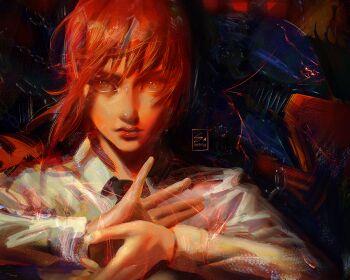 1girl artist_logo black_necktie braid braided_ponytail chainsaw_devil chainsaw_man collared_shirt commentary english_commentary logo looking_at_viewer makima_(chainsaw_man) medium_hair necktie orange_eyes red_eyes red_hair sebijy sharp_teeth shirt sidelocks solo_focus teeth white_shirt