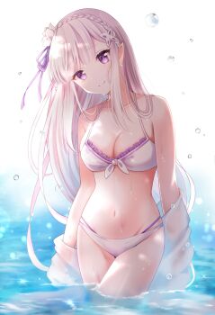 Rule 34 | 1girl, bad id, bad pixiv id, bare shoulders, bikini, blunt bangs, braid, breasts, cleavage, collarbone, commentary request, cowboy shot, crown braid, emilia (re:zero), flower, hair flower, hair ornament, hair ribbon, highres, long hair, looking at viewer, medium breasts, nasii, navel, off-shoulder jacket, off shoulder, pointy ears, purple eyes, purple ribbon, re:zero kara hajimeru isekai seikatsu, ribbon, silver hair, simple background, smile, solo, swimsuit, wading, water, white background, white bikini, white flower