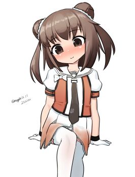 Rule 34 | 1girl, absurdres, black neckerchief, breasts, buttons, dated, double-breasted, double bun, feet out of frame, gradient clothes, gradient skirt, hair bun, highres, invisible chair, kantai collection, maru (marg0613), medium breasts, naka (kancolle), naka kai ni (kancolle), neckerchief, one-hour drawing challenge, orange shirt, pantyhose, pleated skirt, sailor collar, school uniform, serafuku, shirt, simple background, sitting, skirt, solo, twitter username, two side up, white background, white pantyhose, white sailor collar, white skirt