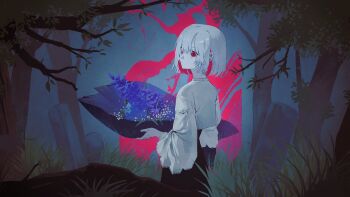 1girl black_skirt blue_flower bouquet dongdang flower forest grass grave graveyard hair_between_eyes highres holding holding_bouquet indie_utaite long_sleeves looking_at_viewer looking_back nature outdoors parted_lips red_eyes shin_such shirt short_hair skirt solo tombstone tree white_hair white_shirt wide_sleeves