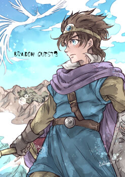 Rule 34 | 1boy, absurdres, belt, bird, blue eyes, blue gem, blue tunic, blush, brown belt, brown gloves, brown hair, brown pants, brown shirt, circlet, cloak, closed mouth, commentary request, copyright name, dated, dragon quest, dragon quest iii, gem, gloves, hair between eyes, hero (dq3), highres, holding, holding shield, holding sword, holding weapon, isa (chiyo-s), male focus, mountain, outdoors, pants, popped collar, purple cloak, shield, shirt, short hair, solo, sword, tunic, weapon, white shirt