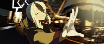 Rule 34 | 1girl, absurdres, amusement park, black hair, blue archive, closed eyes, commentary request, hair between eyes, halo, hand up, highres, horns, jacket, kayoko (blue archive), multicolored hair, night, open hand, outdoors, short hair, sidelocks, smile, solo, toriko (honmono), two-tone hair, upper body, white hair, white halo, yellow jacket