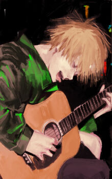 1boy absurdres black_jacket blonde_hair chainsaw_man closed_eyes denji_(chainsaw_man) guitar highres holding holding_guitar holding_instrument instrument jacket male_focus mitsuru_time music open_mouth playing_instrument short_hair sitting solo