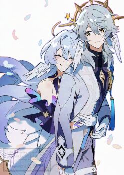 Rule 34 | 1boy, 1girl, blue hair, brother and sister, coat, commentary, detached sleeves, dress, earrings, gloves, halo, halo behind head, happy, head wings, highres, honkai: star rail, honkai (series), hug, hug from behind, jewelry, long hair, medium hair, pants, pirohi (pirohi214), robin (honkai: star rail), siblings, sunday (honkai: star rail), sunday (sacerdos' relived ordeal) (honkai: star rail), symbol-only commentary, thigh strap, very long hair, wings, yellow eyes