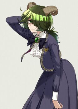 1girl artist_self-insert bags_under_eyes freckles glasses goat_horns green_eyes grey_hair hair_over_one_eye highres horns jimiko long_skirt original ponytail simple_background skirt solo urin