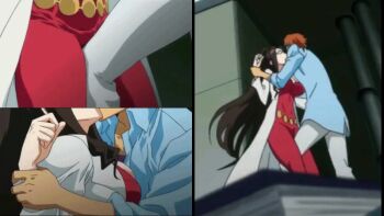 00s 1boy 1girl against_wall animated animated_gif anime_screenshot arm_grab belt blue_shirt bodysuit book breast_press breasts brown_hair character_request closed_eyes coat dragonaut forced_kiss glasses grinding hetero holding indoors kiss kitajima_yuuri lab_coat large_breasts long_hair long_sleeves orange_hair pants red_bodysuit shirt short_hair split_screen straddling struggling thigh_straddling third-party_edit very_long_hair wall white_coat white_pants yonamine_kou