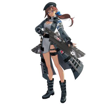 1girl armband artist_request beret black_survival blue_eyes blue_ribbon bonesaw boots breasts brown_hair cathy_huggins cleavage combat_medic earrings eternal_return:_black_survival fingerless_gloves glasses gloves hair_ribbon hat highres holding jewelry official_art ponytail ribbon saw scalpel solo syringe third-party_source transparent_background