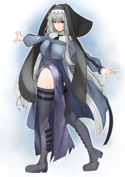 1girl arknights black_boots blue_background boots closed_mouth commentary_request full_body grey_hair hair_between_eyes headscarf highres light_blush long_hair long_sleeves looking_at_viewer outline outstretched_arms partial_commentary pelvic_curtain red_eyes side_slit smile solo specter_(arknights) spread_arms standing thigh_boots very_long_hair white_outline z_(knkr1025)