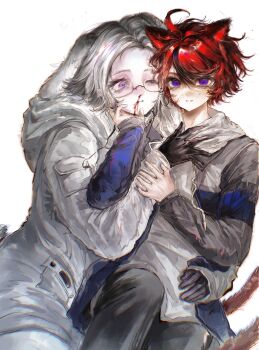 Rule 34 | 2boys, absurdres, ahoge, animal ears, aotsuki eito, black gloves, black hair, black pants, blood, blood on face, blue eyes, blue jacket, cat boy, cat ears, cat tail, chinese commentary, closed mouth, commentary request, drawstring, extra ears, eyelashes, fang, fang out, glasses, gloves, grey hair, grey jacket, hair between eyes, hand on another's arm, hand on another's chest, hand on another's chin, hand on another's waist, highres, hood, hood down, hooded jacket, hoodie, jacket, jacket over hoodie, kemonomimi mode, long sleeves, lop rabbit ears, male focus, multicolored hair, multicolored jacket, multiple boys, nosebleed, one eye closed, open clothes, open jacket, pants, pocket, procreate (medium), rabbit boy, rabbit ears, rabbit tail, rectangular eyewear, red hair, red pupils, semi-rimless eyewear, short hair, simple background, slit pupils, smile, streaked hair, sumino takumi, tail, the hundred line -last defense academy-, two-tone hair, two-tone jacket, variant set, white background, white hoodie, white jacket, white pants, yanrenxi20831, yaoi