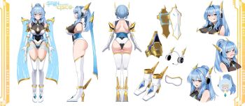 1girl armor ass back blue_hair breasts cleavage cleavage_cutout clothing_cutout full_body gloves headphones high_heels huge_ass huge_breasts indie_virtual_youtuber leotard long_hair multiple_views official_art red_eyes reference_sheet saincisco visor_(armor) white_gloves white_leotard wings