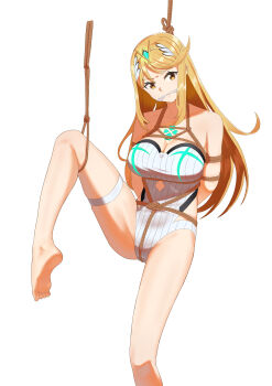 1girl absurdres bdsm bondage bound breasts cleavage commentary frown gag heropin highres large_breasts looking_at_viewer mythra_(radiant_beach)_(xenoblade) mythra_(xenoblade) one-piece_swimsuit restrained rope shibari simple_background solo sugerxiaoxiao swept_bangs swimsuit thigh_strap tiara white_background white_one-piece_swimsuit xenoblade_chronicles_(series) xenoblade_chronicles_2