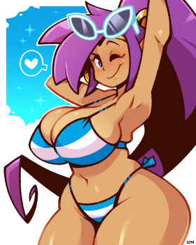 1girl bikini blue_eyes blue_sky breasts cloud dark-skinned_female dark_skin heart highres huge_breasts legendofnerd looking_at_viewer one_eye_closed ponytail purple_hair shantae shantae_(series) sky sunglasses_on_head swimsuit wide_hips wink