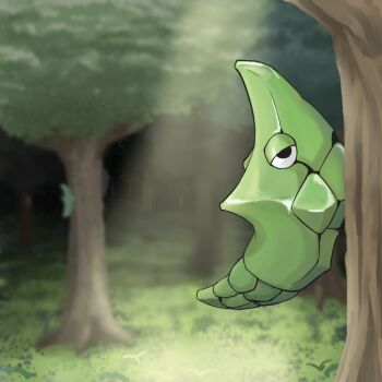 Rule 34 | blurry, blurry background, depth of field, forest, gen 1 pokemon, grass, kid-ippo, looking at viewer, metapod, nature, nintendo, no humans, pokemon, pokemon (creature), solo, tree