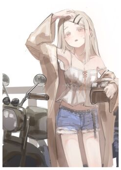 Rule 34 | 1girl, arm up, belt, black belt, blonde hair, blue shorts, blush, border, breasts, brown robe, camisole, colored eyelashes, commentary request, denim, denim shorts, earrings, feet out of frame, gakuen idolmaster, goggles, goggles on headwear, hair ornament, hairclip, helmet, highres, holding, holding unworn helmet, idolmaster, jewelry, kotowaza, long hair, looking at viewer, midriff, motor vehicle, motorcycle, off shoulder, open clothes, open robe, orange eyes, parallel hairclips, parted bangs, robe, rope belt, shinosawa hiro, short shorts, shorts, small breasts, solo, standing, strap slip, stud earrings, sweat, unworn headwear, unworn helmet, white border, white camisole