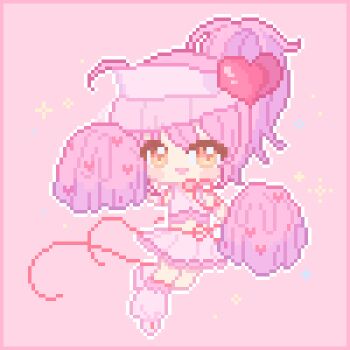 1girl amulet_heart anmian_ruomeng bare_shoulders blush_stickers border chibi chinese_commentary commentary_request crop_top detached_sleeves floating hair_between_eyes hair_ornament happy hat heart heart_hair_ornament high_side_ponytail hinamori_amu holding holding_pom_poms leg_warmers magical_girl midriff miniskirt neck_ribbon open_mouth outline pink_background pink_border pink_hair pink_leg_warmers pink_shirt pink_shoes pink_skirt pink_sleeves pink_theme pixel_art pleated_skirt pom_pom_(cheerleading) pom_poms red_ribbon ribbon see-through_clothes see-through_headwear shirt shoes short_hair short_side_ponytail short_sleeves shugo_chara! simple_background skirt skirt_set sleeveless sleeveless_shirt smile solo sparkle tareme v-neck visor_cap waist_ribbon white_hat white_outline yellow_eyes