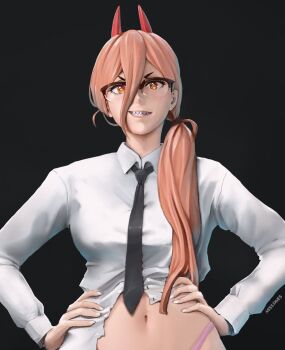 Rule 34 | 1girl, black hair, black necktie, chainsaw man, collared shirt, commentary, cross-shaped pupils, demon girl, demon horns, english commentary, glasses, hair between eyes, hands on own hips, highres, horns, long hair, long hair between eyes, miss faves, navel, necktie, orange eyes, orange hair, panties, pink panties, power (chainsaw man), red horns, sharp teeth, shirt, solo, symbol-shaped pupils, teeth, underwear, white shirt