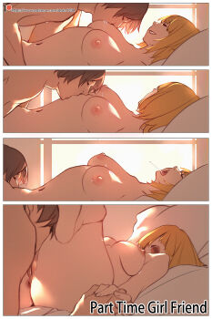 1boy 1girl affectionate anus between_legs blonde_hair bob_cut breast_sucking breasts breasts_apart brown_hair closed_eyes completely_nude day highres hu_dako indoors large_breasts lying navel nipples nude on_back on_side original pussy saliva short_hair smile uncensored