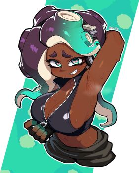 1girl arm_behind_head armpits black_hair breasts cleavage colored_fingertips commentary crop_top dark-skinned_female dark_skin english_commentary fingerless_gloves gloves gradient_hair green_eyes highres large_breasts laz_gm long_hair marina_(splatoon) midriff mole mole_under_mouth multicolored_hair navel nintendo octoling sideboob smile splatoon_(series) splatoon_2 steam suction_cups sweat tentacle_hair thick_eyebrows zipper_pull_tab