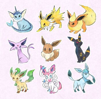 Rule 34 | :3, animal focus, black eyes, black fur, blue eyes, blue fur, bow, bright pupils, brown eyes, brown fur, commentary request, eevee, espeon, facial mark, fins, fish tail, flareon, forehead jewel, forehead mark, full body, gen 1 pokemon, gen 2 pokemon, gen 4 pokemon, gen 6 pokemon, glaceon, green fur, head fins, highres, jolteon, leaf, leafeon, looking at viewer, metikyun, neck fur, nintendo, no humans, orange fur, pink background, pink fur, pokemon, pokemon (creature), pokemon focus, purple eyes, purple fur, red eyes, ribbon, sidelocks, simple background, sitting, spiked tail, standing, sylveon, tail, two-tone fur, umbreon, vaporeon, white fur, white pupils, yellow fur