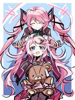 1girl 25ocoveryui absurdres age_comparison ahoge blue_eyes blush closed_eyes closed_mouth eiyuu_densetsu hair_ornament hajimari_no_kiseki hat highres holding holding_stuffed_toy kuro_no_kiseki kuro_no_kiseki_(series) kuro_no_kiseki_ii long_hair mini_hat mini_top_hat nadia_rayne open_mouth pink_hair red_skirt skirt smile stuffed_animal stuffed_toy teddy_bear top_hat twintails