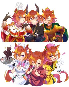 6+girls alternate_costume animal_ears apron armor bath_yukata black_gloves black_skirt bow cape chocolate_statue clenched_teeth closed_eyes collared_shirt crossed_arms crown demon_horns dress ear_ribbon frilled_sleeves frills gauntlets gloves gold_armor green_cape hair_between_eyes hand_on_own_hip hat heart highres holding holding_microphone horns horse_ears horse_girl horse_tail japanese_clothes kimono long_sleeves looking_at_viewer maid maid_apron maid_headdress microphone mini_crown mochiyukimi21 multiple_girls music necktie official_alternate_costume one_eye_closed open_mouth orange_hair pink_hat plume puffy_short_sleeves puffy_sleeves purple_eyes red_cape red_dress ribbon shirt short_hair short_sleeves simple_background singing skirt spoken_heart t.m._opera_o_(o_sole_suo!)_(umamusume) t.m._opera_o_(umamusume) tail teeth umamusume upper_teeth_only white_background white_gloves yellow_dress yukata zombie_land_saga