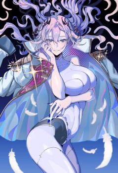 1girl arm_under_breasts black_wings blue_eyes blue_nails breasts bright_pupils epaulettes falling_feathers feathers grey_hair hair_between_eyes head_wings highres horizontal_pupils indie_virtual_youtuber jacket long_hair mechanical_legs mole mole_under_mouth open_clothes open_jacket pochimaru_(vtuber) solo teardrop_facial_mark virtual_youtuber white_feathers white_jacket white_pupils wings zinz