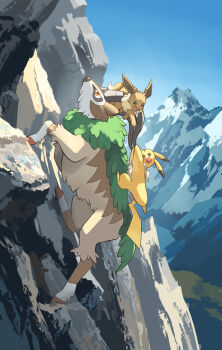 animal_focus animal_nose bandana bandana_around_neck brown_fur climbing eevee falling full_body gen_1_pokemon gen_6_pokemon goat gogoat highres holding hooves horns mountain mountain_climbing nintendo no_humans outdoors pikachu pokemon pokemon_(creature) pokemon_focus red_eyes sky snout tail white_bandana yamaori_(hakkentai_pokedan)