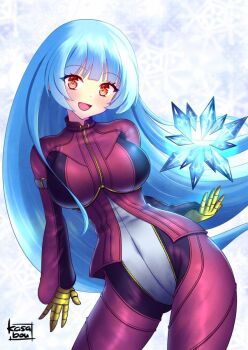 1girl artist_name blue_hair bodysuit breasts commentary_request gloves ice kasabou kula_diamond large_breasts long_hair magic open_mouth red_eyes smile solo the_king_of_fighters yellow_gloves