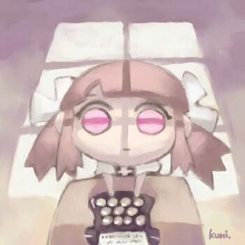 archived_source artist_name black_dress blunt_bangs bow brown_hair commentary cross cross_print dress english_commentary from_above hair_bow long_hair long_sidelocks looking_up low_twintails lowres muntins no_nose no_pupils no_sclera original pale_color pink_eyes print_dress ruby-ko short_sleeves sidelocks solid_circle_eyes table tanaka_kunihiko twintails typewriter white_bow white_sleeves window_light