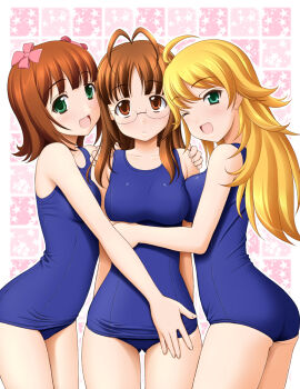00s 3girls ahoge akizuki_ritsuko amami_haruka antenna_hair aqua_eyes ass bare_shoulders blonde_hair brown_eyes brown_hair girl_sandwich glasses hair_down hair_ribbon hoshii_miki hug idolmaster idolmaster_(classic) long_hair multiple_girls one-piece_swimsuit one_eye_closed ribbon sandwiched school_swimsuit sin-go smile swimsuit wink