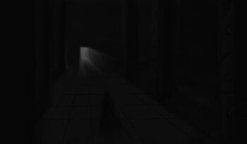 1boy absurdres column dim_lighting door from_above from_behind gloxartx hallway highres pillar shadow_slave solo sunny_(shadow_slave) tile_floor tiles walking