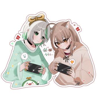 +_+ 2girls :3 ahoge animal_ears black_choker blush brown_eyes brown_hair brown_hoodie cat_ears cecilia_immergreen character_print cherry_earrings choker colored_inner_hair cropped_torso crossed_bangs doll_joints double-parted_bangs earrings flat_chest food-themed_earrings food_themed_earrings green_eyes green_hair green_streaks green_sweater grey_hair hair_between_eyes hair_ornament handheld_game_console highres holding holding_handheld_game_console hololive hololive_english hood hoodie jewelry joints long_sleeves looking_at_another looking_at_object multicolored_hair multiple_girls nanashi_mumei nanashi_mumei_(casual) nintendo_switch notice_lines otomo_(cecilia_immergreen) outline short_hair shusuchii single_hair_streak streaked_hair sweater v-shaped_eyebrows virtual_youtuber white_outline white_streaks winding_key