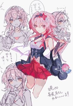 Rule 34 | 1girl, bag, bag charm, black bag, black choker, black hairband, black overskirt, breasts, character charm, charm (object), choker, cleavage, closed mouth, commentary request, cropped legs, cup, disposable cup, dress, drinking, drinking straw, evernight (alternate spacetime) (honkai: star rail), evernight (honkai: star rail), flower hairband, hair between eyes, hairband, handbag, highres, holding, holding bag, holding cup, honkai: star rail, honkai (series), index finger raised, light smile, long hair, looking at viewer, march 7th (honkai: star rail), march 7th (preservation) (honkai: star rail), medium breasts, multiple boys, nonoko (nocnnc 0228), pink hair, red dress, red eyes, simple background, sketch, speech bubble, thought bubble, translation request, two-tone dress, very long hair, white background, white dress