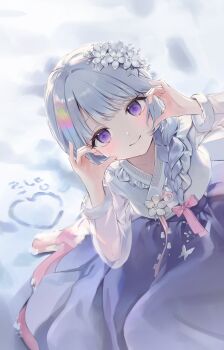 1girl absurdres ayatsuno_yuni bbony_0_0 bow bowtie braid butterfly_ornament commentary cross-shaped_pupils flower_ornament frills gradient_hair hair_ornament half-heart_hands hanbok hands_on_own_cheeks hands_on_own_face highres korean_clothes korean_text looking_at_viewer multicolored_hair pink_bow pink_bowtie purple_eyes purple_hanbok snow snow_writing solo stellive symbol-only_commentary symbol-shaped_pupils virtual_youtuber white_hair