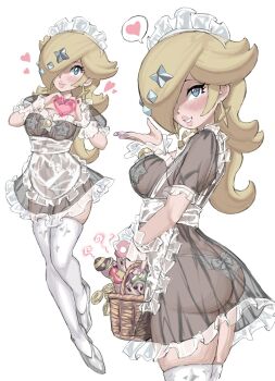 1girl adapted_costume apron basket black_dress blonde_hair blue_eyes blush breasts closed_mouth dress earrings gem gem_hair_ornament hair_over_one_eye heart heart_hands highres holding holding_basket jewelry large_breasts long_hair looking_at_viewer maid maid_apron maid_headdress mario_(series) mario_kart mario_kart_tour mario_kart_world mushroom nintendo panties parted_lips pasties phallic_symbol rosalina rosalina_(aurora) see-through_clothes see-through_dress short_sleeves smile spoken_heart star_(symbol) star_earrings star_pasties thighhighs toggy_keiichi underwear waist_apron white_apron white_headdress white_panties white_thighhighs wrist_cuffs