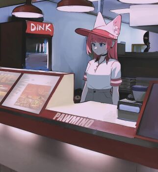 1girl 1other animal_ear_fluff animal_ears black_choker blue_eyes brand_name_imitation cat_ears cat_girl choker collared_shirt domino's_pizza hat highres horror_(theme) indoors kumaartsu long_hair original pink_hair pink_hat refrigerator shirt short_sleeves standing visor_cap white_shirt