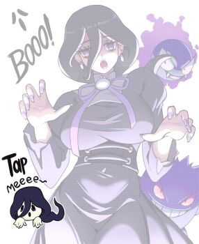 Rule 34 | 1girl, @ @, absurdres, alternate breast size (larger), bags under eyes, black dress, black hair, breasts, chibi, chibi inset, commentary, cowboy shot, dress, earrings, gastly, gen 1 pokemon, gengar, ghost, hair between eyes, hex maniac (pokemon), hex maniac (pokemon legends: z-a), highres, jewelry, juliet sleeves, large breasts, long hair, long sleeves, looking at viewer, meme, neck ribbon, nintendo, open mouth, pokemon, pokemon (creature), pokemon legends: z-a, puffy sleeves, purple eyes, purple nails, purple ribbon, ribbon, tap me (meme), zuchysdraws