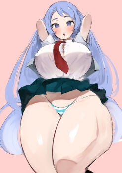 1girl 2021 arms_behind_head arms_up bare_legs blue_eyes blue_hair blush boku_no_hero_academia breasts bursting_breasts button_gap cleavage covered_erect_nipples curvy female_focus hado_nejire higher_resolution_available highres huge_breasts long_hair looking_at_viewer miniskirt narrow_shoulders narrow_waist necktie open_mouth panties school_uniform shirt simple_background skirt solo steam steaming_body straining_buttons striped_clothes striped_panties thick_thighs thighs thick_thighs underwear wasabi_sushi white_shirt wide_hips