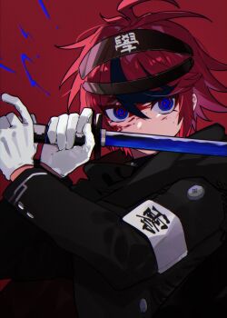 Rule 34 | 1boy, armband, black cape, black hair, black jacket, blood, blood on face, blue eyes, cape, commentary request, gloves, hair between eyes, highres, holding, holding sword, holding weapon, jacket, last defense academy school uniform, long sleeves, looking at viewer, male focus, multicolored hair, red hair, school uniform, sieg gs, simple background, solo, streaked hair, sumino takumi, sword, the hundred line -last defense academy-, upper body, weapon, white armband, white gloves