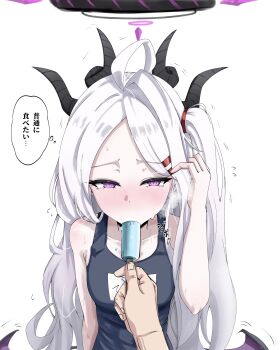 1boy 1girl absurdres ahoge blue_archive blush breasts demon_girl demon_horns food halo highres hina_(blue_archive) hina_(swimsuit)_(blue_archive) horns ice_cream loli long_hair looking_at_viewer magutaku5656 old_school_swimsuit popsicle purple_eyes school_swimsuit sensei_(blue_archive) simple_background small_breasts swimsuit upper_body very_long_hair white_background white_hair