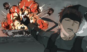 Rule 34 | 2boys, @ @, beard stubble, big boss, black gloves, black headband, brown hair, bulletproof vest, chibi, cigarette, closed eyes, commentary request, derivative work, explosion, eyepatch, facial hair, gloves, grey shirt, hand on own head, headband, highres, holding detonator, lmoosgu, male focus, meme, metal gear (series), metal gear solid, multiple boys, naoya hitting choso without looking (meme), parted lips, shirt, short hair, smoking, solid snake, stubble, tears, upper body, venom snake