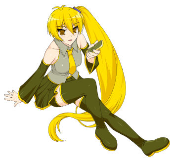 1girl akita_neru bad_id black_boots black_skirt blonde_hair boots cellphone detached_sleeves flip_phone full_body grey_shirt hand_up high_side_ponytail holding holding_phone knee_up long_hair looking_at_viewer miniskirt necktie parted_lips phone shichimenchou shirt sitting skirt sleeveless sleeveless_shirt solo thigh_boots very_long_hair vocaloid white_background yellow_eyes yellow_necktie