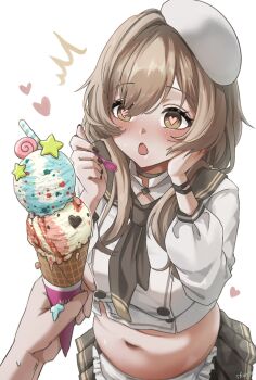 1girl apron belly bready_(nikke) brown_eyes brown_hair brown_neckerchief brown_skirt chef_hat food goddess_of_victory:_nikke hat heart heart-shaped_pupils highres holding holding_food holding_ice_cream ice_cream long_hair looking_at_food love_handles navel neckerchief open_mouth pleated_skirt plump shirt shupita skirt symbol-shaped_pupils waist_apron white_apron white_background white_hat white_shirt