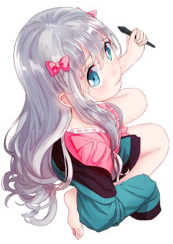 Rule 34 | 1girl, absurdres, barefoot, blue eyes, blue jacket, bow, closed mouth, commentary request, eromanga sensei, highres, holding, holding stylus, izumi sagiri, jacket, long hair, looking at viewer, paper (artist), pink shirt, shirt, solo, stylus, wacom, white background