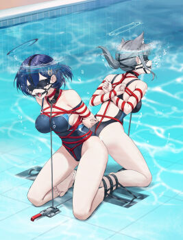 2girls absurdres air_bubble animal_ear_fluff animal_ears arms_behind_back asphyxiation bare_shoulders bdsm blindfold blue_archive blue_one-piece_swimsuit bondage bound bound_arms bound_breasts bound_legs bound_together bound_torso box_tie breasts bubble chihiro_(blue_archive) collarbone covered_erect_nipples crotch_rope drowning female_focus gag gag_harness gagged glasses grey_hair halo highres kneeling kumachi_(aikawaakeya) large_breasts large_variant_set medium_hair multiple_girls one-piece_swimsuit ponytail pool predicament_bondage purple_hair restrained ring_gag shibari shibari_over_clothes shiroko_(blue_archive) skindentation swimsuit tongue tongue_out torture underwater variant_set